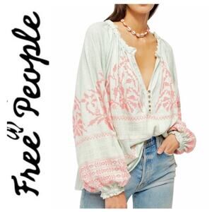 FREE PEOPLE Persuasion Boho Mint Green and Pink Embroidered Blouse